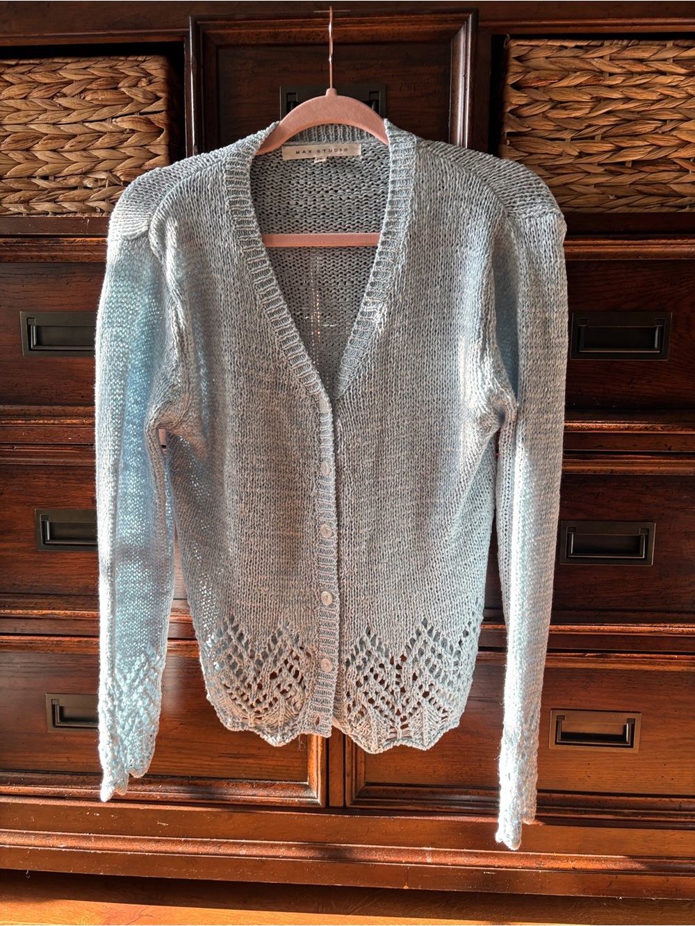 Max Studio Light Blue V-Neck Openwork Hem Cardigan